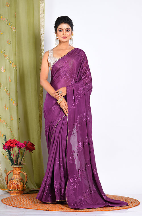 Morchari Heavy Embroidery Saree - Purple - Distacart