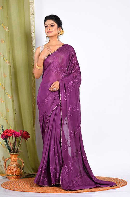 Morchari Heavy Embroidery Saree - Purple - Distacart
