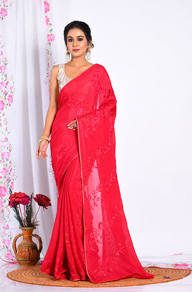 Morchari Heavy Embroidery Saree - Maroon - Distacart