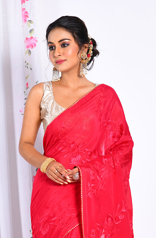 Morchari Heavy Embroidery Saree - Maroon - Distacart