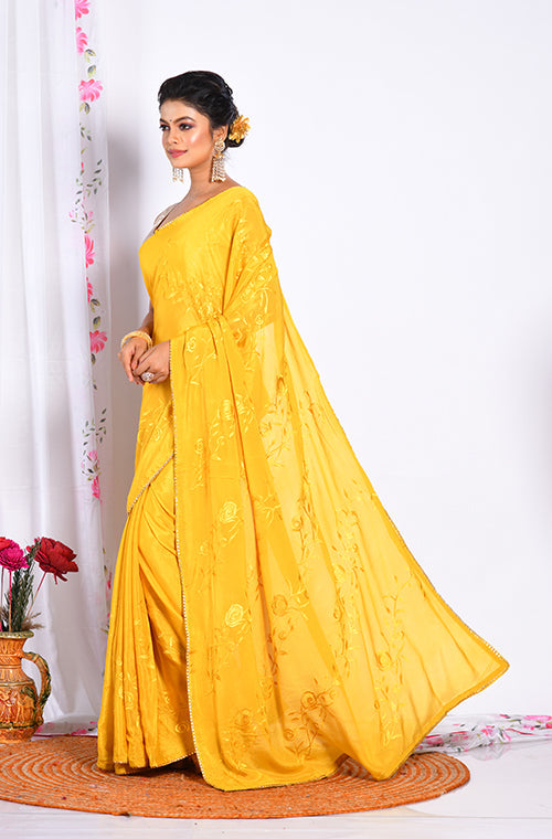 Morchari Heavy Embroidery Saree - Musterd - Distacart