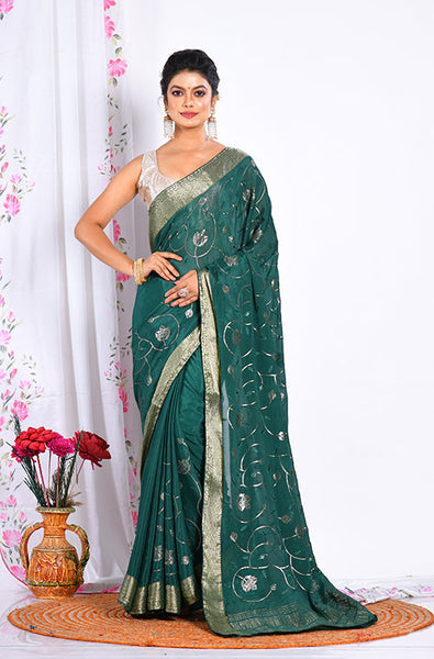 Morchari Heavy Embroidery Saree - Green - Distacart