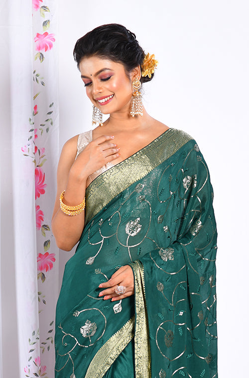 Morchari Heavy Embroidery Saree - Green - Distacart