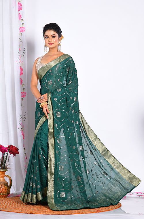 Morchari Heavy Embroidery Saree - Green - Distacart