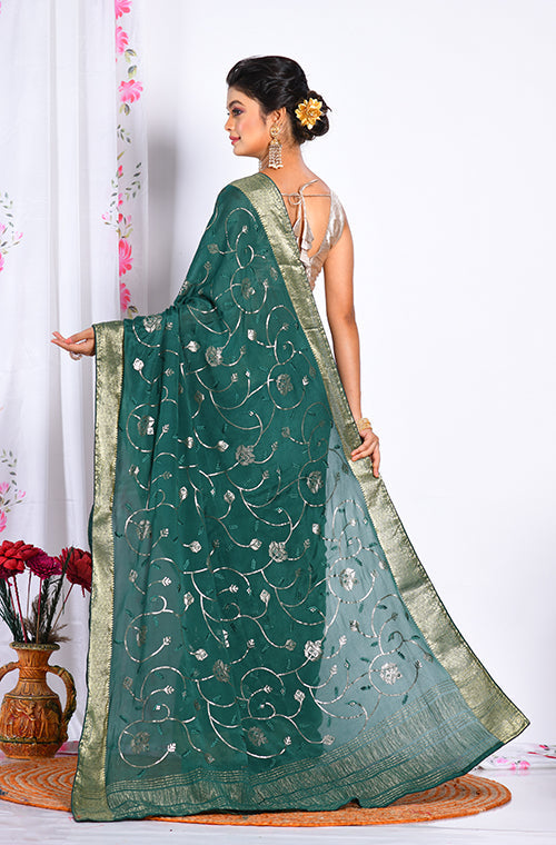 Morchari Heavy Embroidery Saree - Green - Distacart