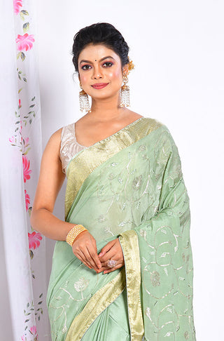 Morchari Heavy Embroidery Saree - Light Green - Distacart