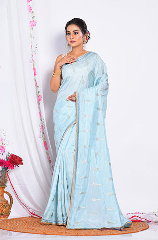 Morchari Heavy Embroidery Saree - Sky Blue