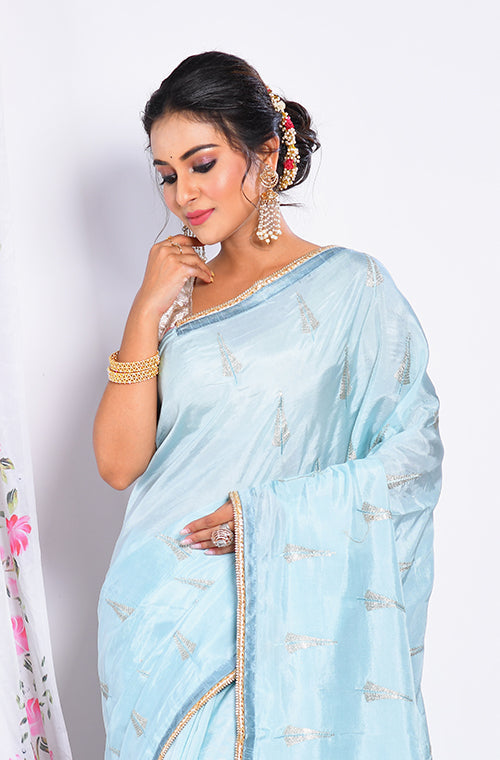 Morchari Heavy Embroidery Saree - Sky Blue - Distacart