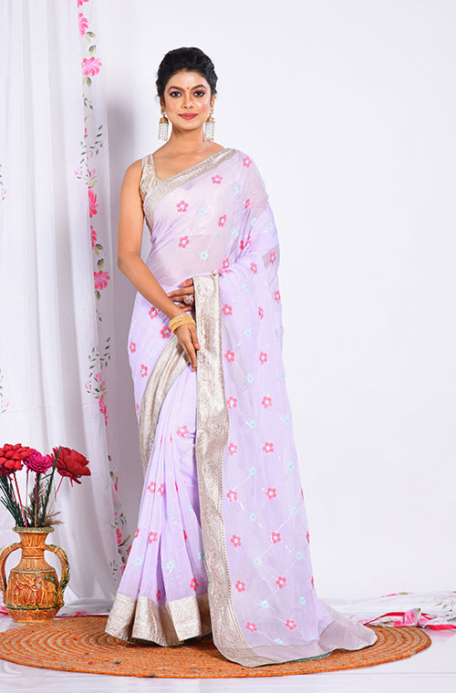 Morchari Heavy Embroidery Saree - Light Purple - Distacart
