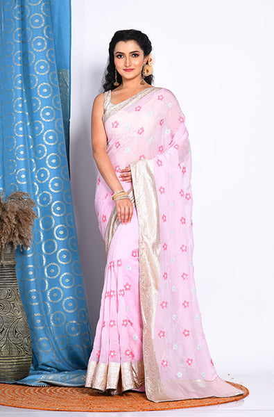 Morchari Heavy Embroidery Saree - Light Pink - Distacart