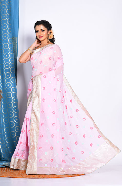 Morchari Heavy Embroidery Saree - Light Pink - Distacart