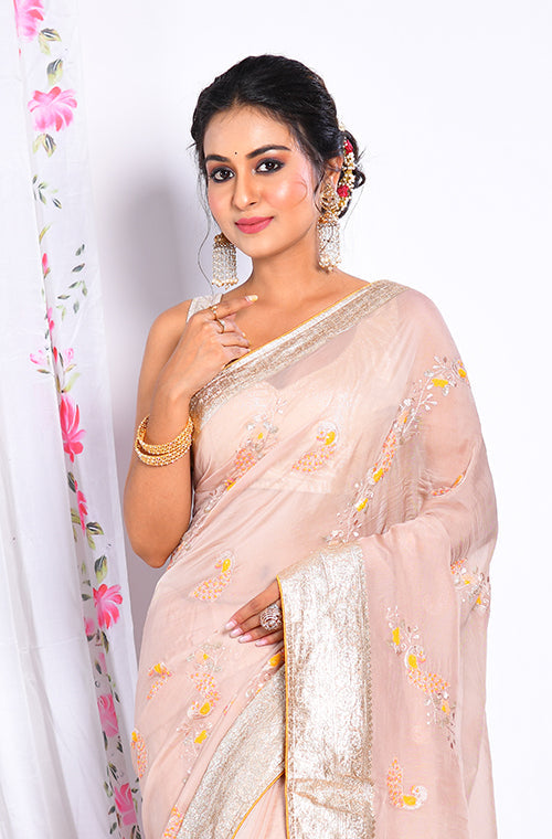 Morchari Heavy Embroidery Saree - Cream - Distacart