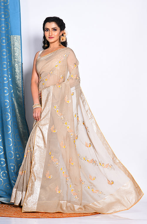 Morchari Heavy Embroidery Saree - Beige - Distacart