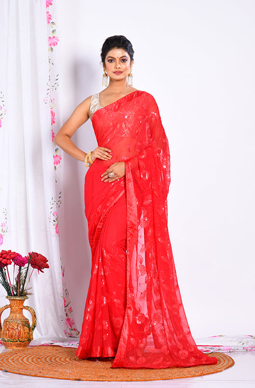 Morchari Heavy Embroidery Saree - Red - Distacart