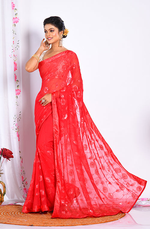 Morchari Heavy Embroidery Saree - Red - Distacart