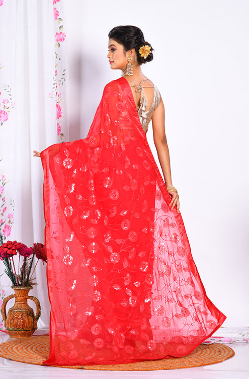 Morchari Heavy Embroidery Saree - Red - Distacart