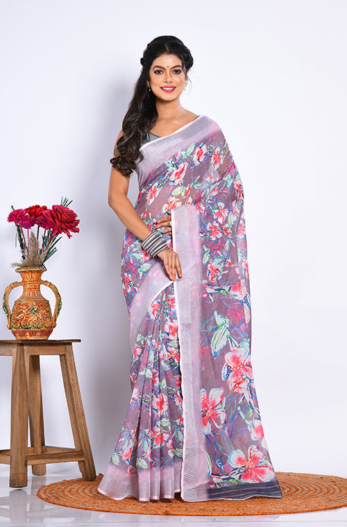 Morchari Semi Digital Print Saree - Multicolour - Distacart