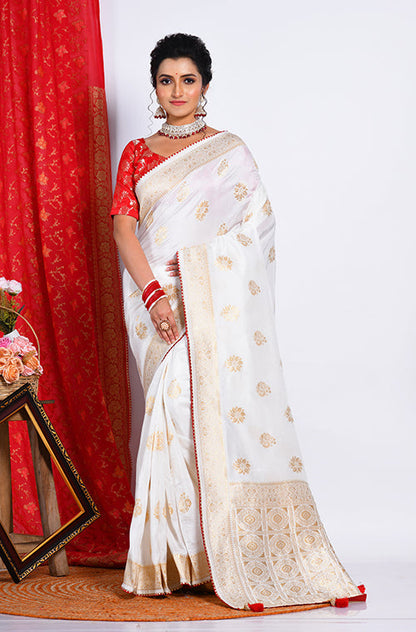 Morchari Pure Dola Silk Saree - White - Distacart