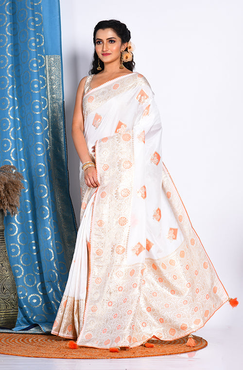 Morchari Pure Dola Silk Saree - White - Distacart