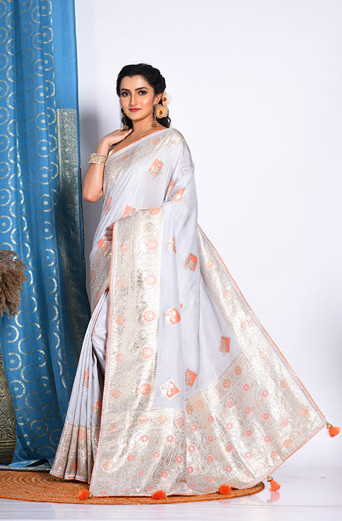 Morchari Pure Dola Silk Saree - Grey - Distacart