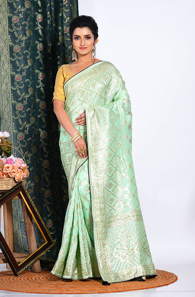Morchari Pure Dola Silk Saree - Light Green - Distacart