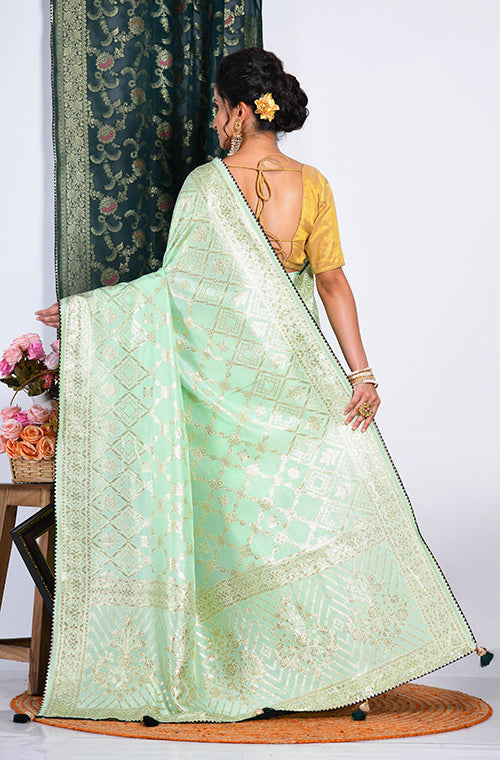 Morchari Pure Dola Silk Saree - Light Green - Distacart