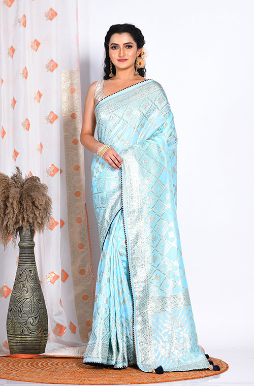 Morchari Pure Dola Silk Saree - Sky Blue - Distacart