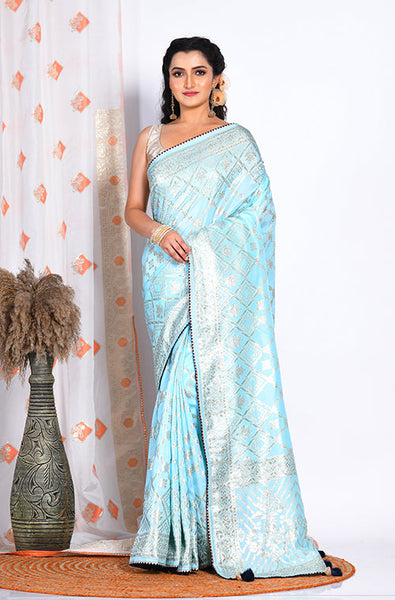 Morchari Pure Dola Silk Saree - Sky Blue - Distacart