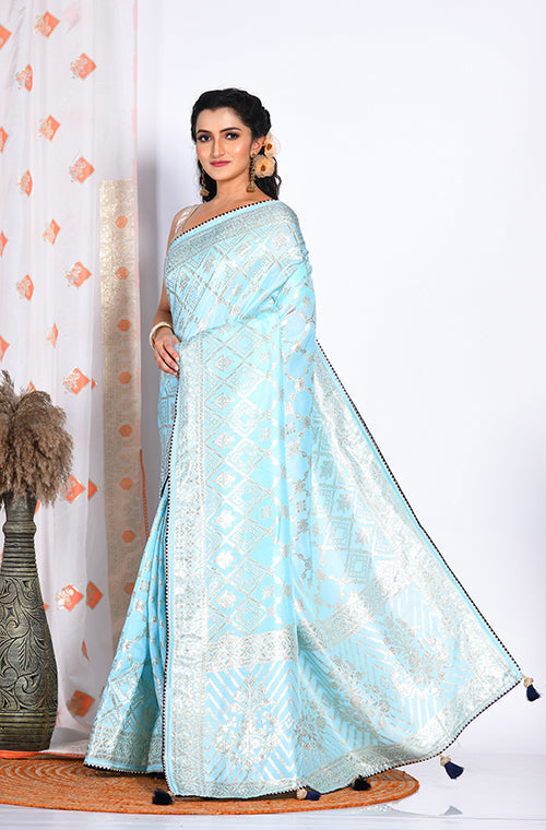Morchari Pure Dola Silk Saree - Sky Blue - Distacart