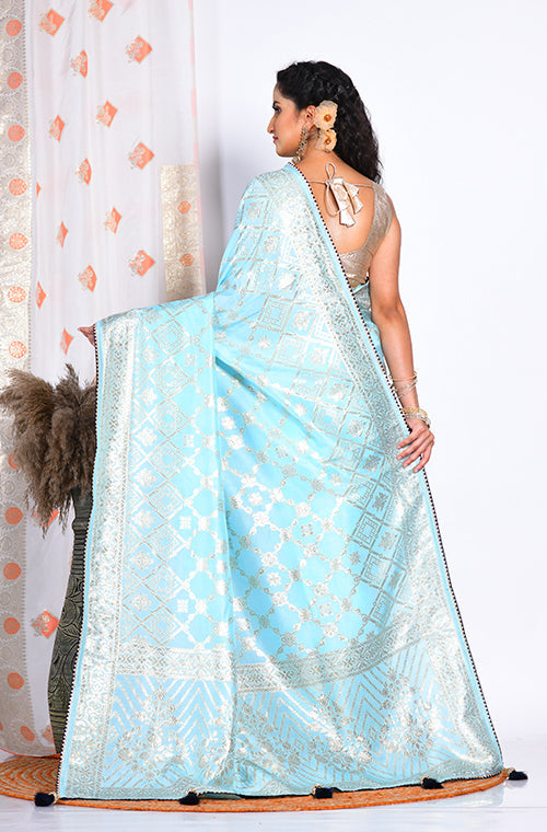 Morchari Pure Dola Silk Saree - Sky Blue - Distacart