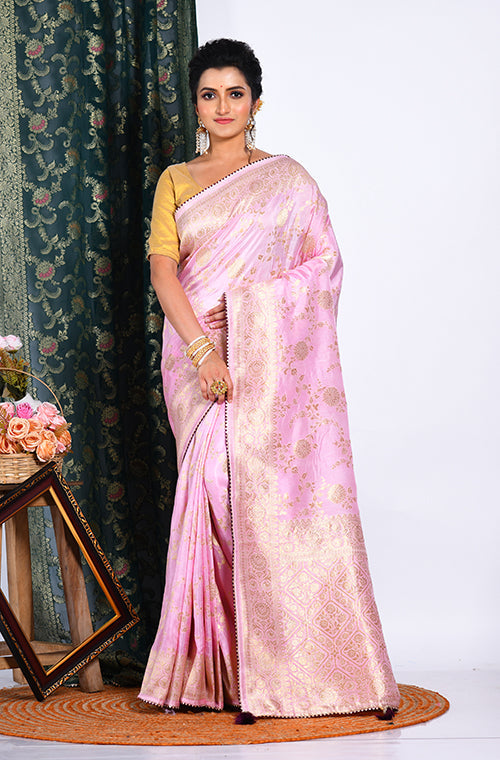 Morchari Pure Dola Silk Saree - Light Pink - Distacart