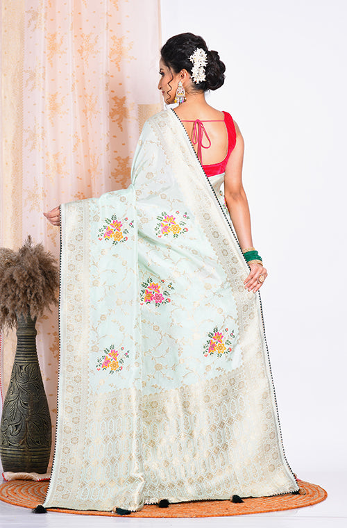 Morchari Pure Russian Silk Saree - Green - Distacart