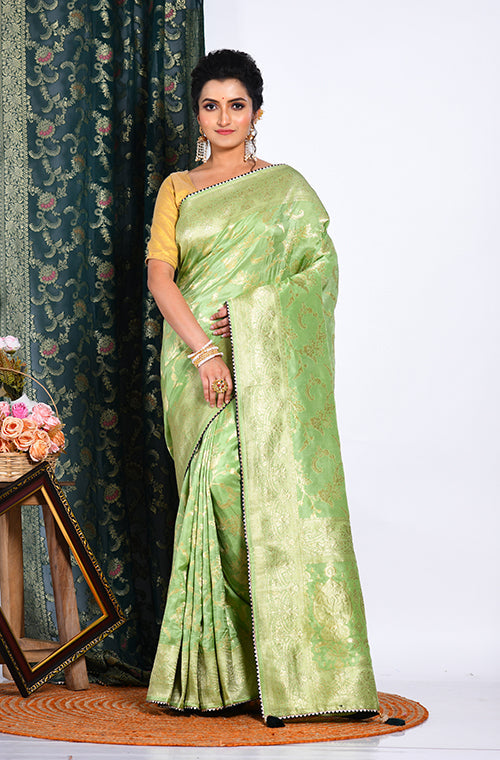Morchari Pure Russian Silk Saree - Green - Distacart
