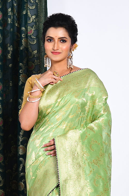 Morchari Pure Russian Silk Saree - Green - Distacart