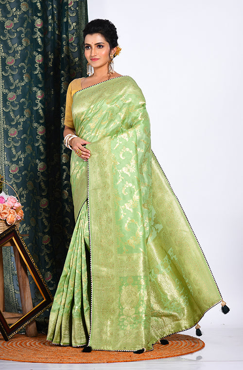 Morchari Pure Russian Silk Saree - Green - Distacart