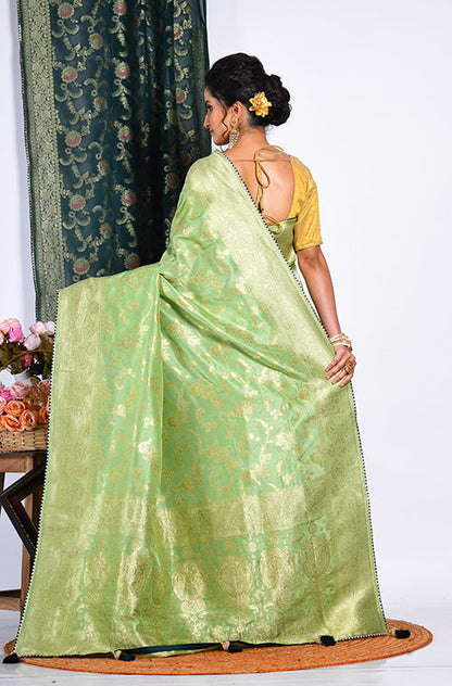 Morchari Pure Russian Silk Saree - Green - Distacart