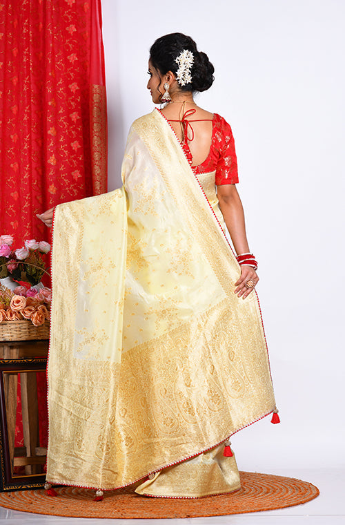 Morchari Pure Russian Silk Saree - Light Yellow - Distacart