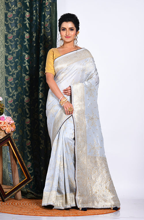 Morchari Pure Russian Silk Saree - Grey - Distacart