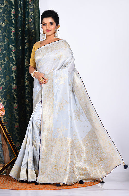 Morchari Pure Russian Silk Saree - Grey - Distacart