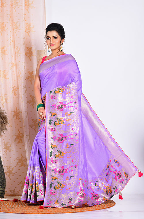 Morchari Pure Russian Silk Saree - Purple - Distacart
