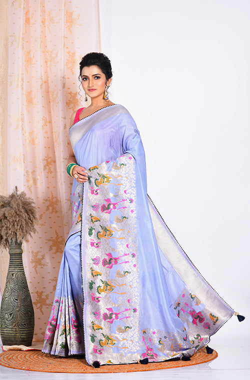 Morchari Pure Russian Silk Saree - Light Blue - Distacart