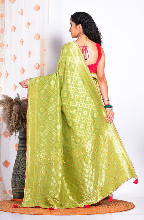 Morchari Pure Russian Silk Saree - Green - Distacart