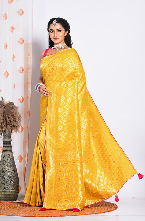 Morchari Pure Russian Silk Saree - Yellow - Distacart