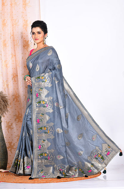 Morchari Pure Russian Silk Saree - Grey - Distacart
