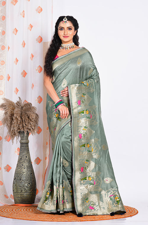 Morchari Pure Russian Silk Saree - Green - Distacart