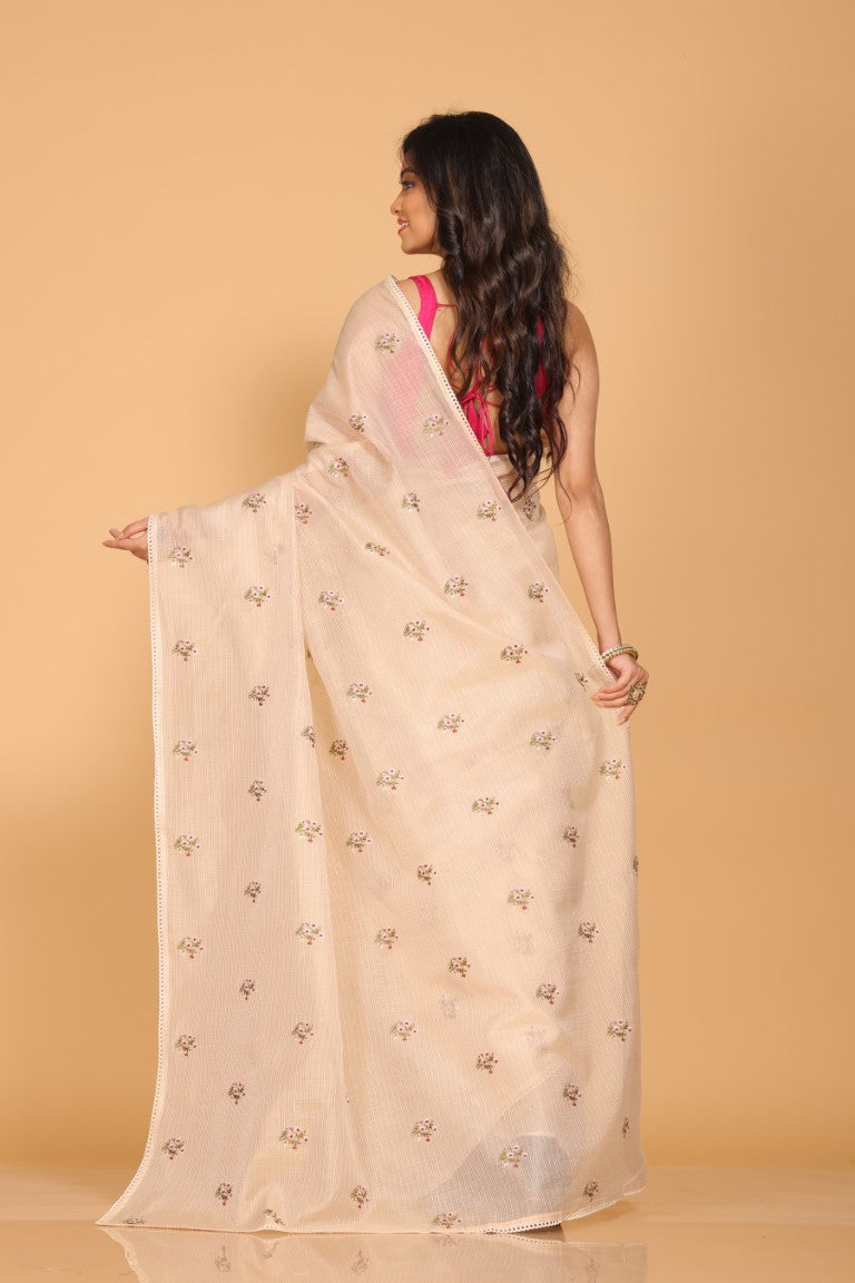 Morchari Kota Embroidery Saree - Beige - Distacart