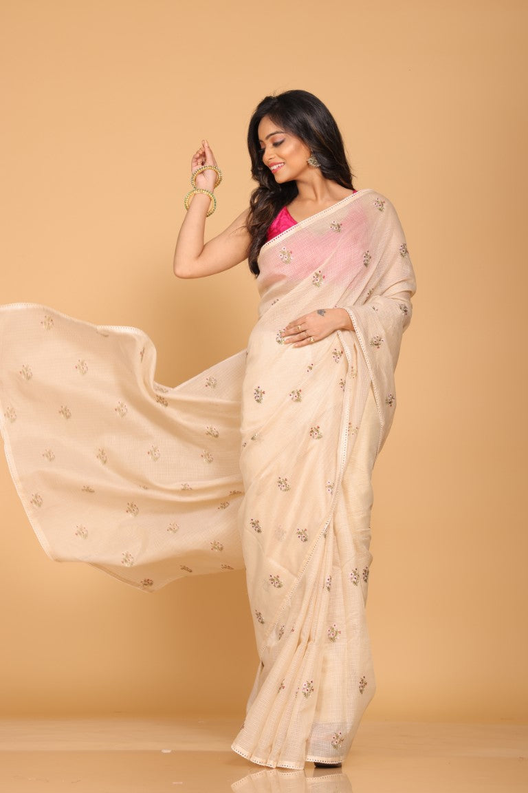 Morchari Kota Embroidery Saree - Beige - Distacart