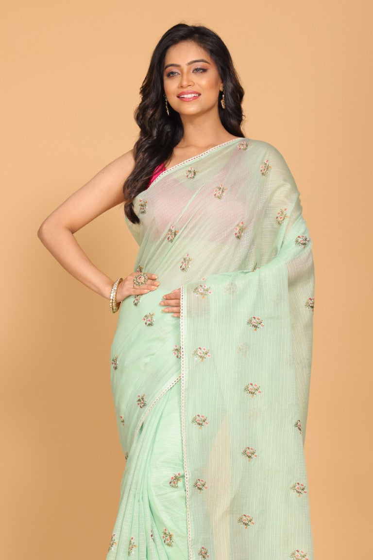 Morchari Kota Embroidery Saree - Green - Distacart