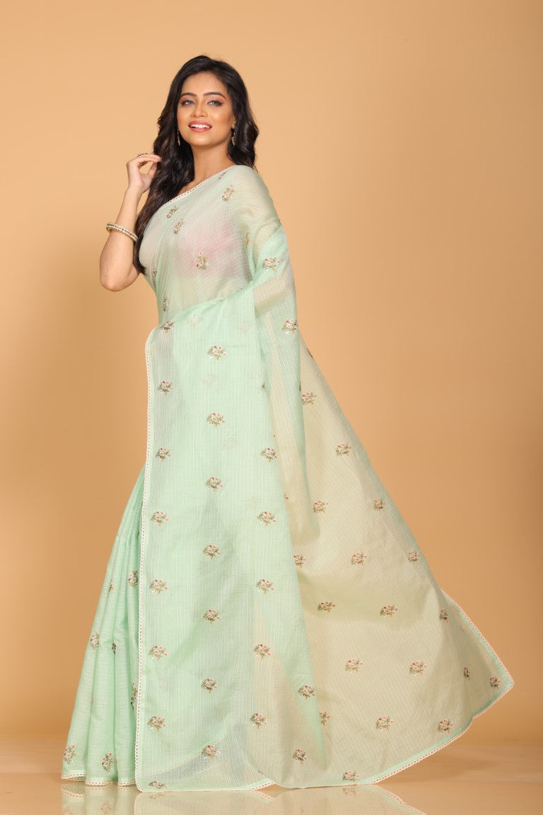 Morchari Kota Embroidery Saree - Green - Distacart