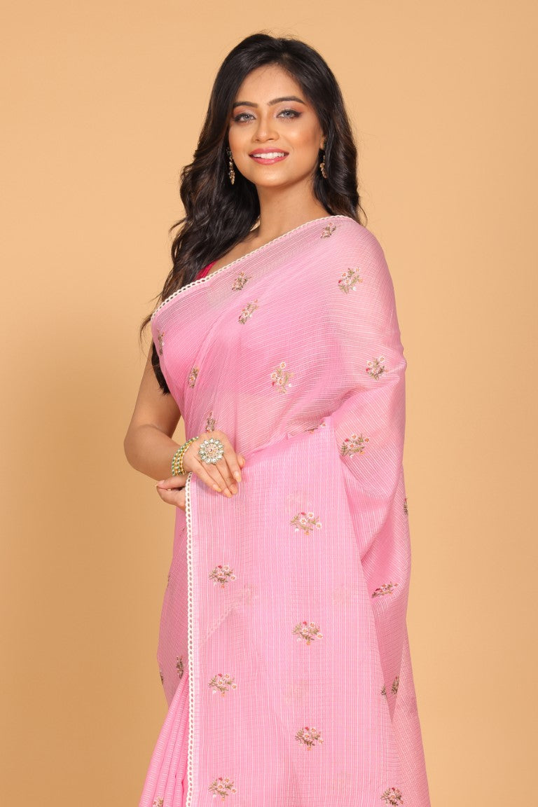 Morchari Kota Embroidery Saree - Pink - Distacart